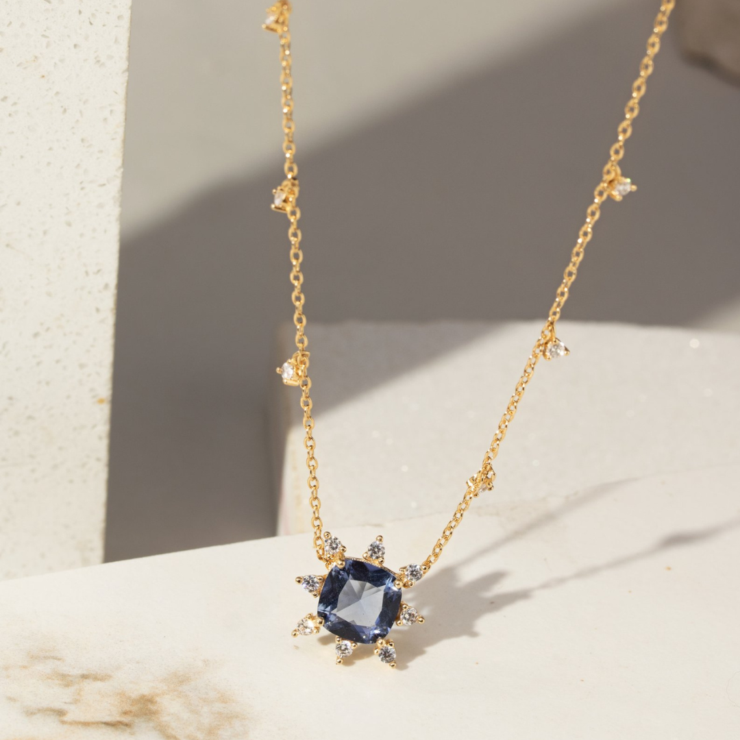 London Blue Crystal Crown Necklace with White Zirconias