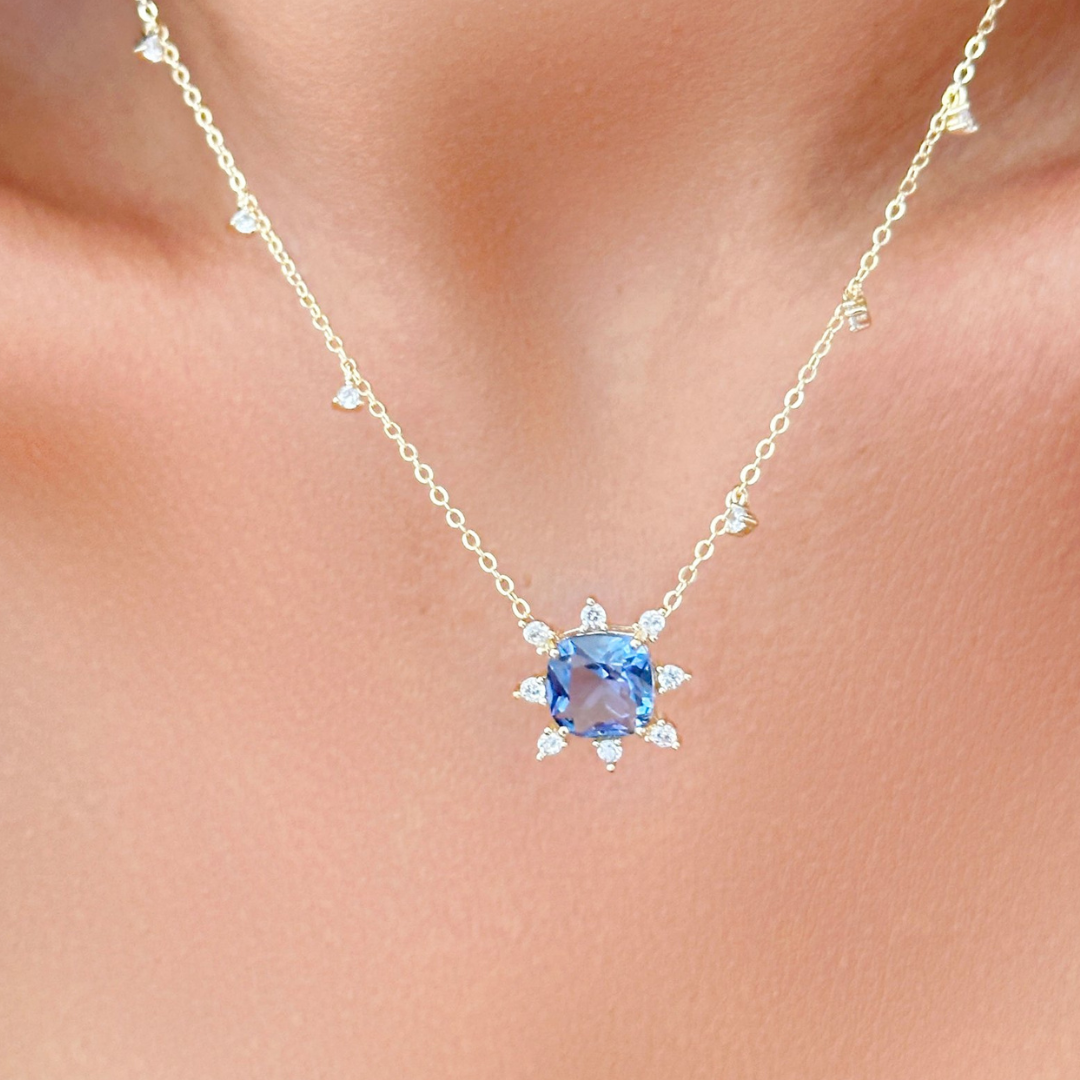 London Blue Crystal Crown Necklace with White Zirconias