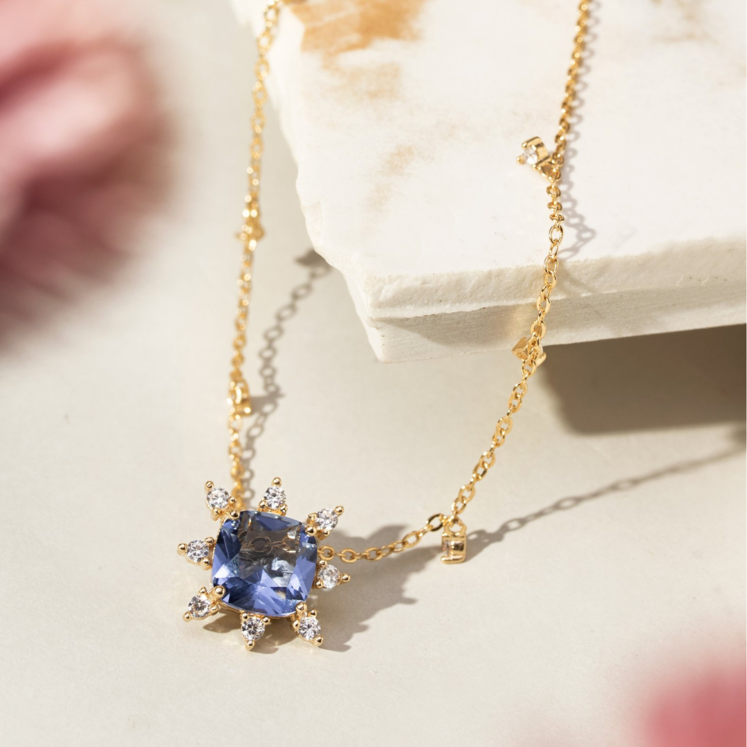 London Blue Crystal Crown Necklace with White Zirconias