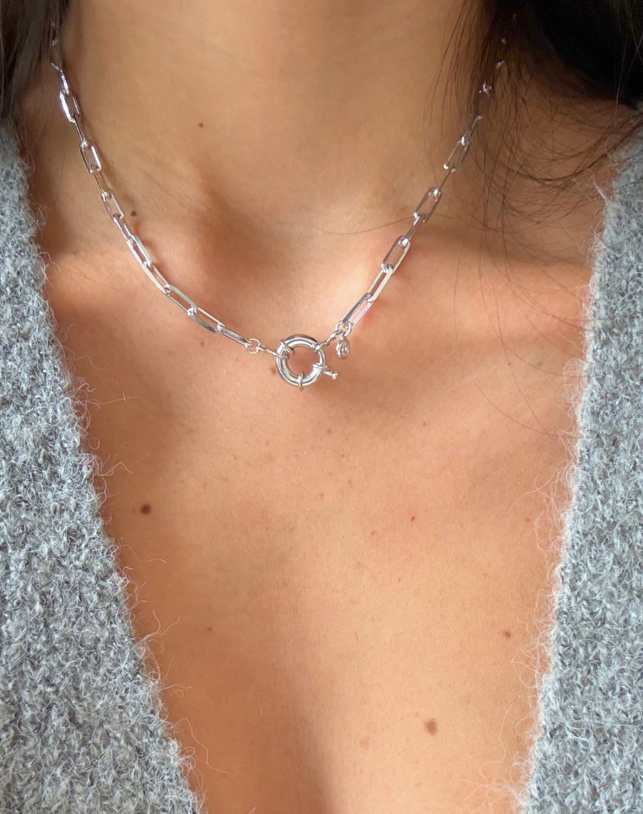 Silver Paperclip Chain with Charm and Bolt Ring Clasp Choker