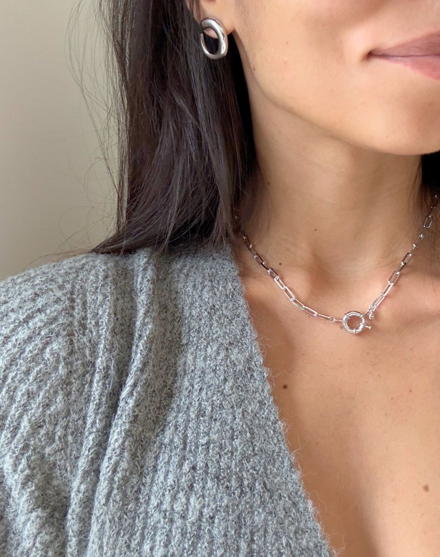 Silver Paperclip Chain with Charm and Bolt Ring Clasp Choker