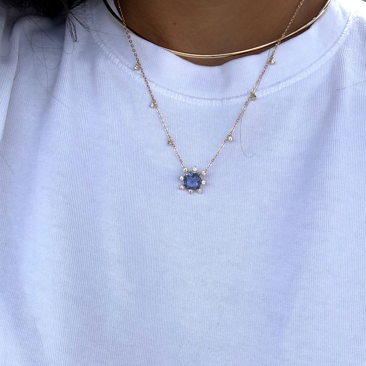 London Blue Crystal Crown Necklace with White Zirconias