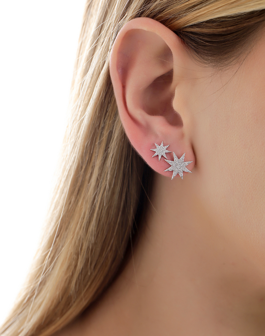 Medium Sparkly Star Stud Earrings in Silver